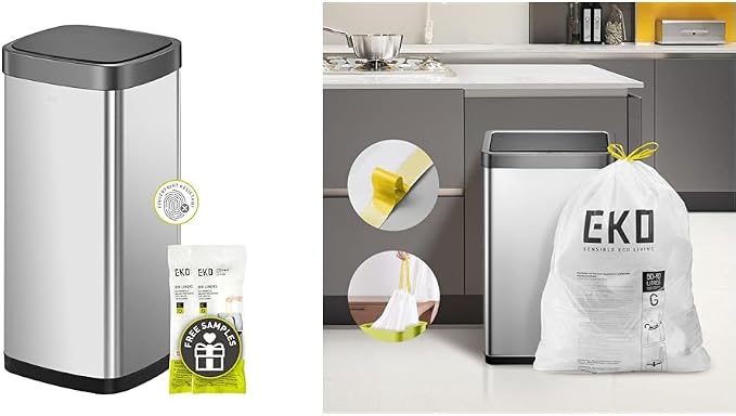 EKO EcoSmart Tall and Large Kitchen Trash Can, 80L/21.1G High Capacity, Touchless Soft Square Motion & Easy-Dispense Roll of 60 Count Extra-Strong Drawstring Kitchen Trash Bags - 21 Gallon