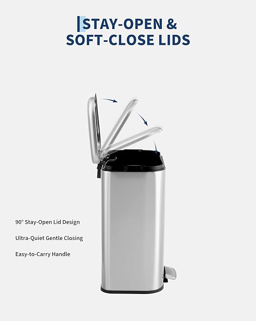 3.2 gal/12L Stainless Steel Kitchen Trash Can, Step-on Recycling Bin with Soft Close Lid, Removable Inner Bucket, Rectangular Wastebasket for Office Living Room, Silver