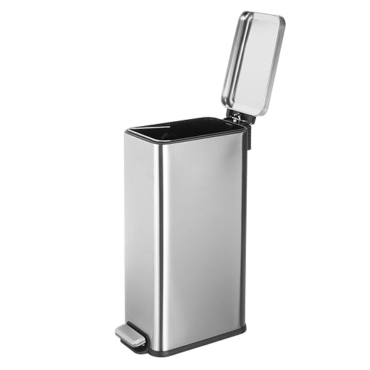 mDesign Slim Metal Rectangle 7.9 Gallon Trash Can with Step Pedal, Easy-Close Lid, Removable Liner - Narrow Wastebasket Garbage Container Bin for Bathroom, Bedroom, Kitchen, Office - Brushed Chrome