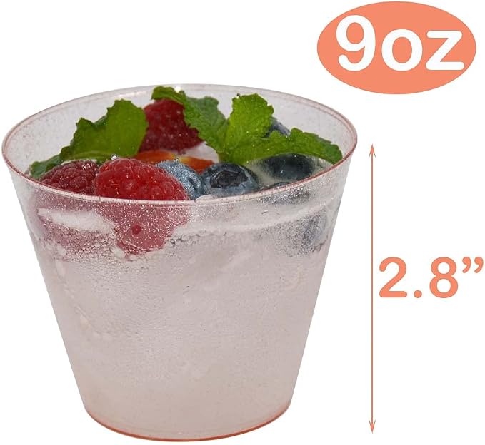 Homy Feel 9 Oz Rose Gold Glitter Plastic Cups - 100PCS, Disposable Cocktail & Wine Cups for Wedding Party, Valentine's Day