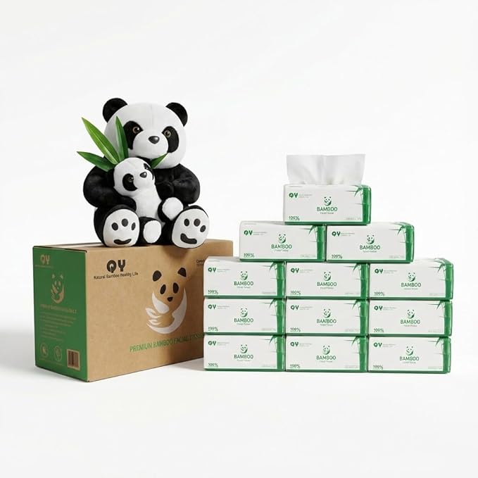 Soft Durable Bamboo Facial Tissues - 3 Ply bleached Facial Paper Dry or Wet Use 12 Packs(150 Tissue per Pack, 1800 Tissues Total）