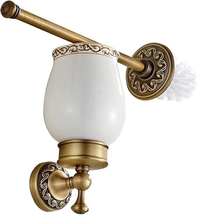Leyden Antique Brass Toilet Brush Holder, Retro Toilet Brush Organizer with Ceramic Cup