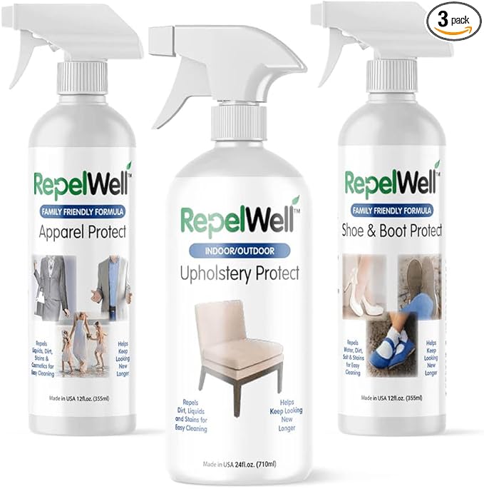 RepelWell 3-Pack Total Care Kit | Fabric & Footwear Protection Spray Bundle - Shoe & Boot, Upholstery, and Apparel Protectant spray – Stain & Water Repellent for Home, Clothes & Gear – Non-Toxic