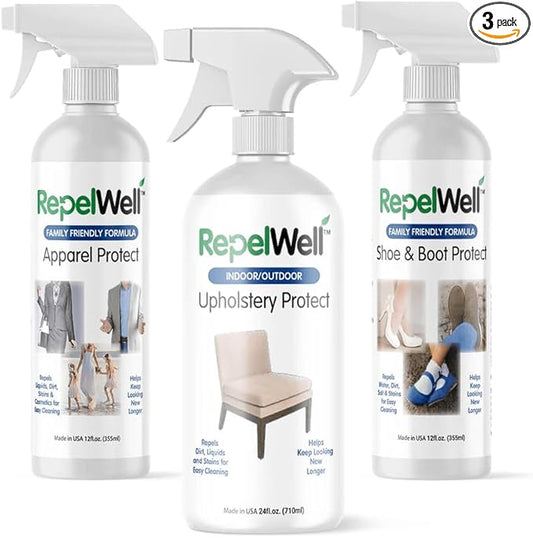 RepelWell 3-Pack Total Care Kit | Fabric & Footwear Protection Spray Bundle - Shoe & Boot, Upholstery, and Apparel Protectant spray – Stain & Water Repellent for Home, Clothes & Gear – Non-Toxic