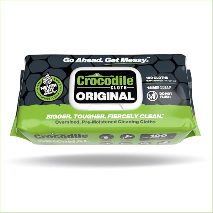 Crocodile Cloth Original Cleaning Wipes, Heavy-Duty Multi-Surface Hand & Tool Wipes, Water-Based, Safe on Skin, 600 Count (6 Packs of 100), 15 x 10 Inch