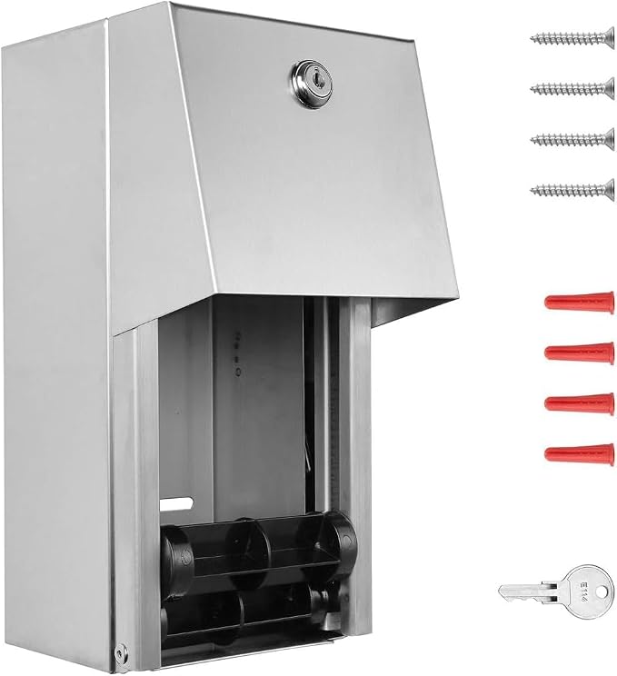 Pack of 6 - Dual Rolls Commercial Toilet Paper Dispenser - Lockable Design Heavy Duty Commercial Wall Mounted Dispenser, Commercial Grade 304 Grade Stainless Steel - 6-3/4" D x 6" W x 12" H