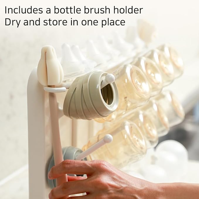 LUNELL Baby Bottle Drying Rack with 20 Hooks and Drip Tray, Large Space Saving Vertical Dryer Holder for Countertop, Storage Organizer for Pump Parts, Pacifiers, with Brush Holder, Ivory White