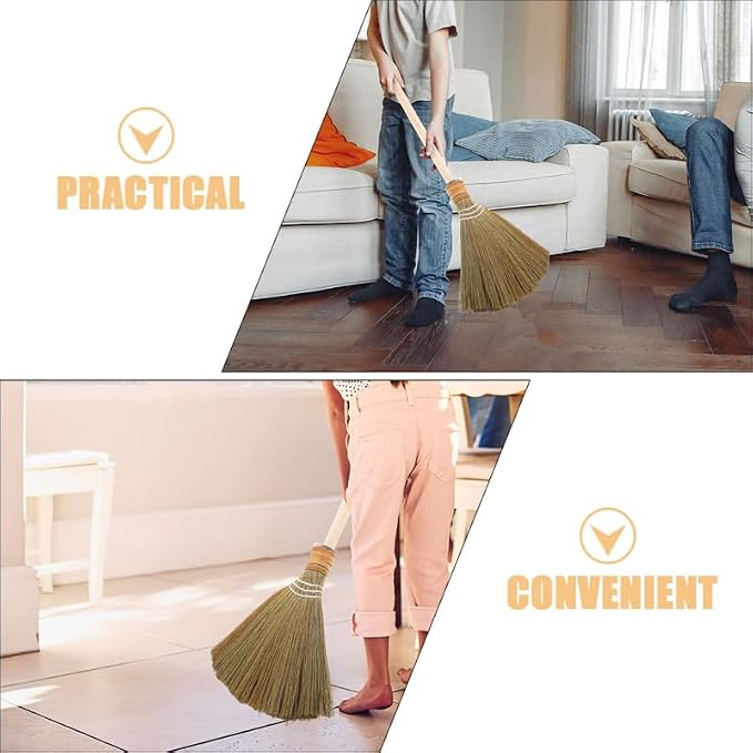 Healeved Handmade Asian Broom for Indoor Sweeping, 26" Short Handle Traditional Vietnamese Miscanthus Straw Broom with Hanging Cord, Soft Bristle Floor Sweeper for Hardwood, Tile and Dust Cleaning