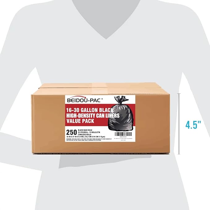 BEIDOU-PAC 30 Gallon Trash Bags, 250 Count Black Garbage bags, Multi-purpose Trash Can Bin Liners for Bathroom, Office, Industrial, Commercial, Janitorial, Municipal, Recycling