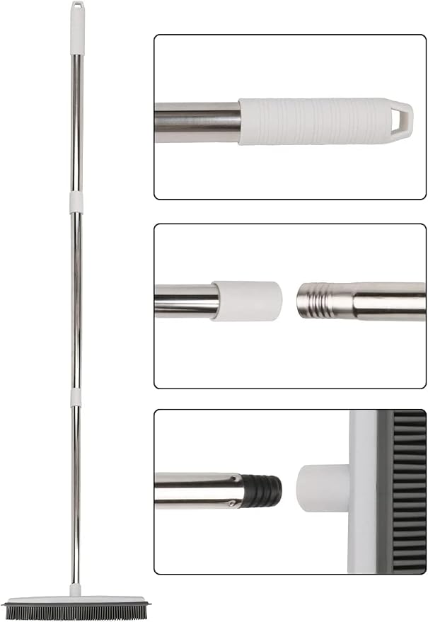 Pet Hair Rubber Broom with Squeegee for Carpet,Fur Remover Broom Carpet Rake for Pet Hair Removal, with 50" Long Handle, Dual-Sided for Hardwood Floor, Tile,Portable Detailing Lint Brush White