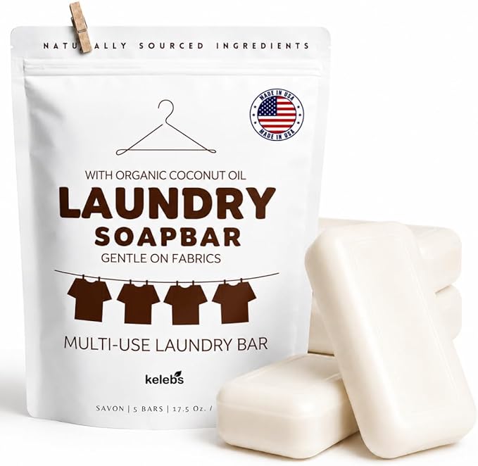 Kelebs Natural Laundry Soap Bar for Sensitive Skin with Organic Coconut - Delicate Laundry Stain Remover for Clothes, Underwear, Collar - Gentle Baby Laundry Soap | 5 Bars