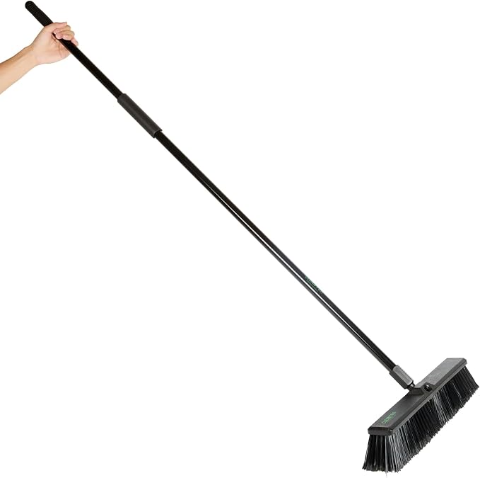 Restaurantware-Clean Tek Professional 17.13 Inch Push Broom, 1 Heavy-Duty Broom with 59” Handle - Medium Bristles, 2 Handle Attachment, Wooden, Commercial Use, for Deck, Garage, Yard, Patio