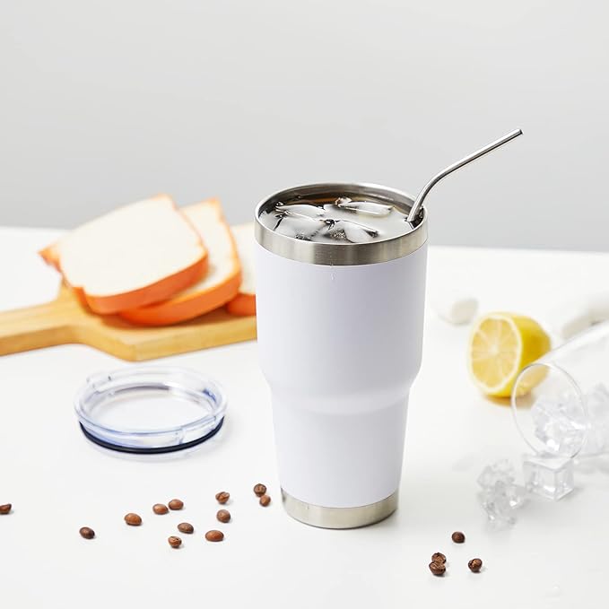 MEWAY 30oz Insulated Tumbler With Lids and Straws,Stainless Steel Double Vacuum Coffee Tumbler Cup, Brush, Durable Powder Coated Coffee Cup for Cold & Hot Drinks, Office, Travel(White,12 PACK)