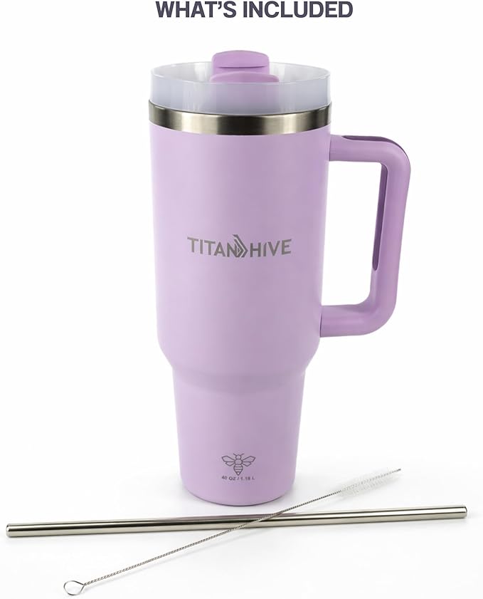 40 oz Insulated Stainless Steel Tumbler with Handle and Straw - Leak Resistant, Cup Holder Friendly Travel Mug (Purple)