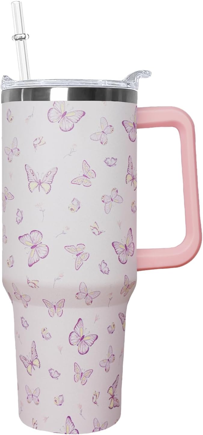 Ceovfoi 40 oz Butterfly Coffee Mug Cup, Vacuum Insulated Travel Tumbler with Handle, Lid and Straw, Butterfly Gifts, Stylish Accessories for Women Girls