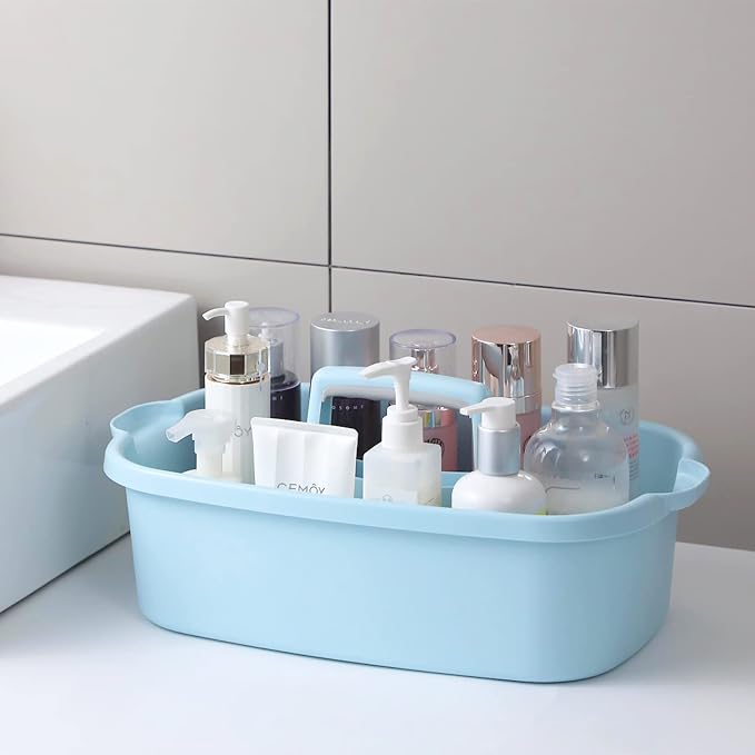 JiatuA Large Cleaning Supplies Organizer with Handle Portable Shower Caddy Basket Plastic Bucket Tool Storage for Bathroom, Bedroom, Kitchen, College Dorm, Under Sink, Garden, Blue & Light Grey