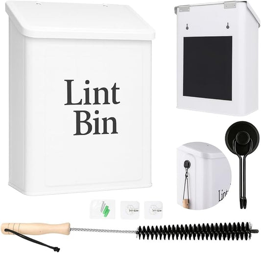 Magnetic Lint Bin for Laundry Room Organization & Storage, Wall-Mounted Dryer Lint Bin Trash Can with Lid, Lint Box Includes Brush, 2 White Hooks, 1 Black Hook, Screws & Magnet Glue (White)