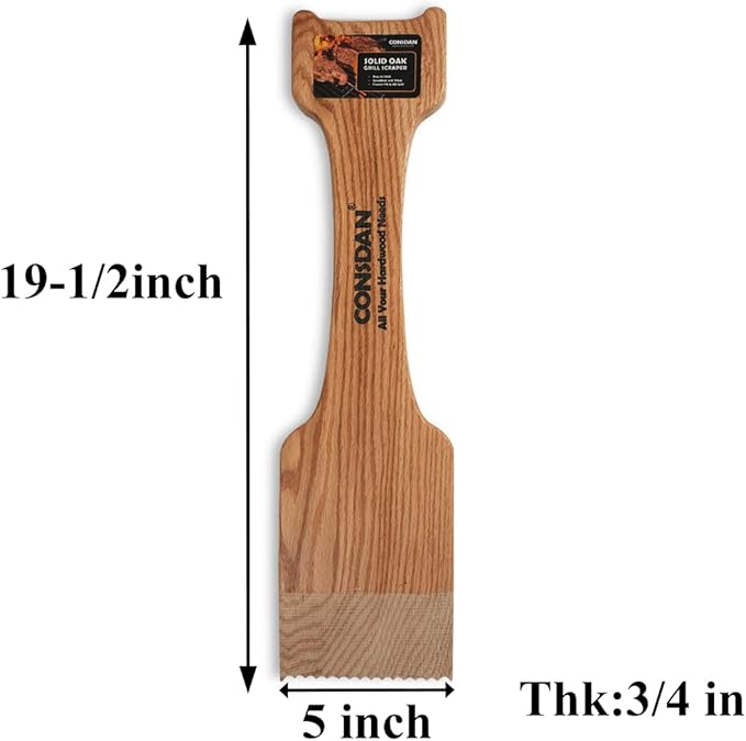 CONSDAN Wood Grill Scraper, Soild Oak Wooden Grill Brush, Grill Scraper for Outdoor Grill, Bristle Free Grill Scrapers, Grill Grate Cleaner Safe Wood Grill Brusher