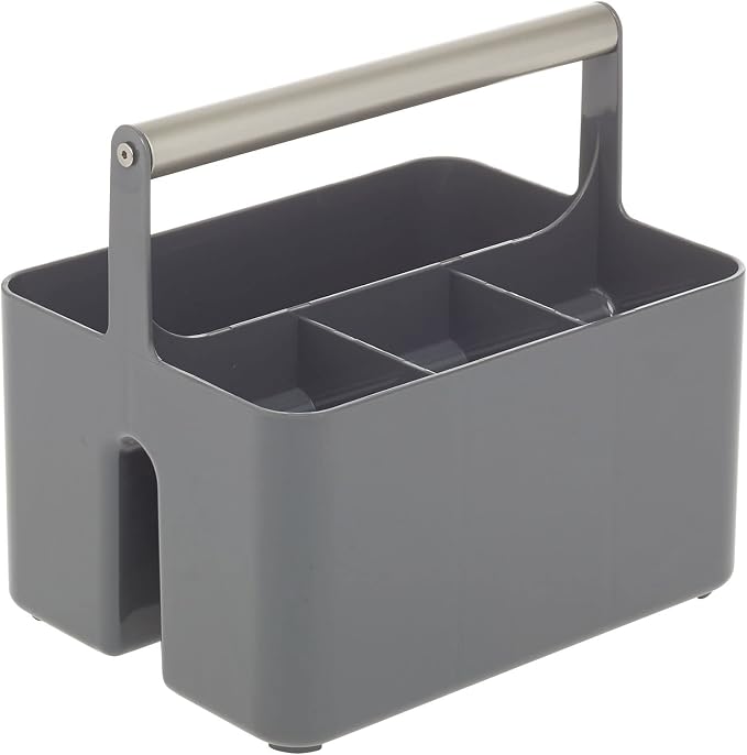 mDesign Plastic Shower Caddy Storage Organizer Utility Tote, Divided Basket Bin - Metal Handle for Bathroom, Dorm, Kitchen, Holds Soap, Shampoo, Conditioner - Aura Collection - Charcoal Gray/Satin