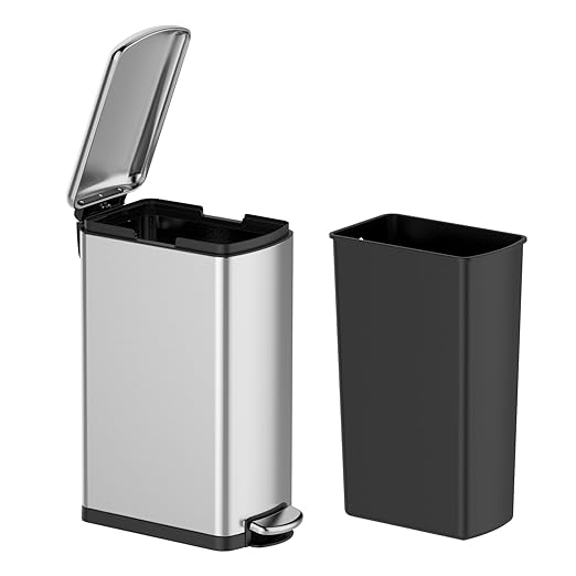 GarveeHome 8 gal Slim Rectangular Stainless Steel Trash Can with Soft Close Lid and Removable Bucket for Kitchen, Bathroom, Office, Silver