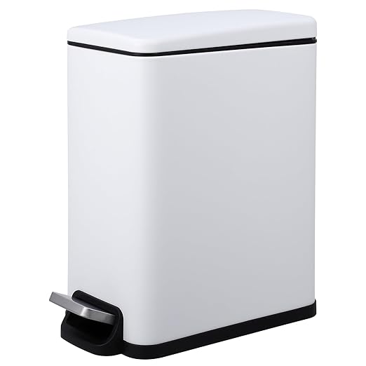 Garvee Small Bathroom Trash Can with Lid, 10 Liter / 2.6 Gallon Stainless Steel Garbage Can with Removable Inner Bucket & Step Pedal, Slim Metal Trash Bin for Toilet, Bedroom, Kitchen, Office, White