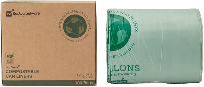 Restaurantware-RW Eco 8 Gallon Biodegradable Garbage Bags, 100 Compostable Trash Bags - Star Seal Bottom, Won't Tear Or Leak, Green Plastic Trash Can Liners, BPI-Certified, For Office And Homes