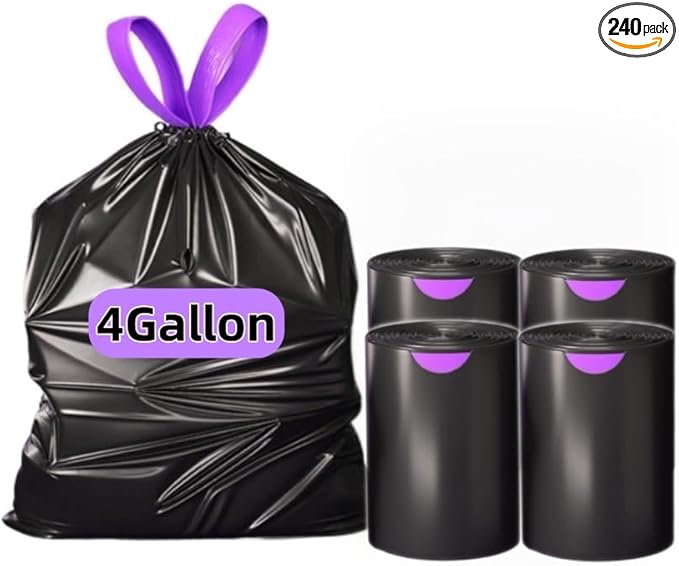 4 Gallon multipurpose trash bags, Drawstring Design, Extra Durable and Unscented Garbage Bags，1 mil, Count for Home, Bathroom, Office, Outdoor Camping，240 Count.