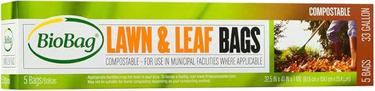 BioBag USA 100% Certified Compostable Lawn & Leaf Yard Waste Bags, 33 Gallon, Large Capacity and Weather Resistant, 60 Count