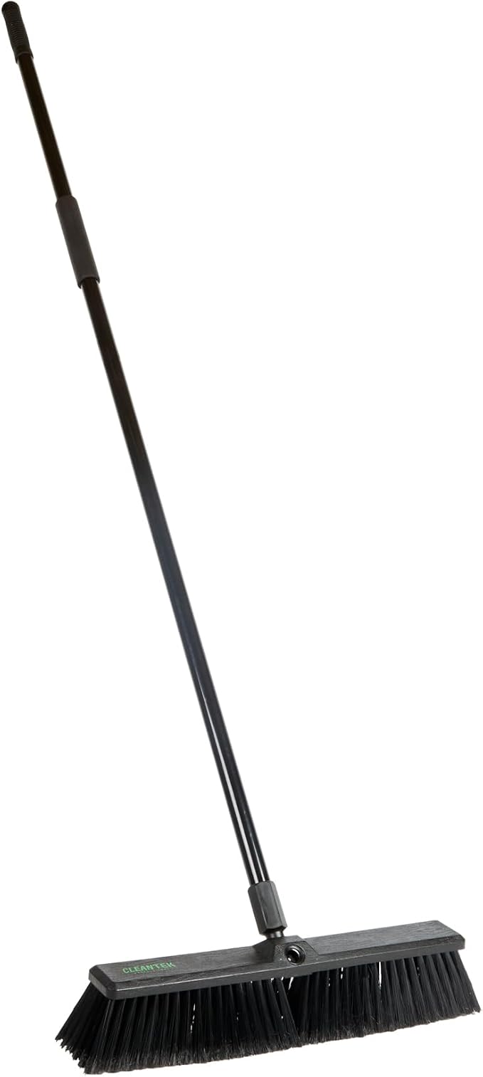 Restaurantware-Clean Tek Professional 17.13 Inch Push Broom, 1 Heavy-Duty Broom with 59” Handle - Fine Bristles, 2 Handle Attachment, Wooden, Commercial Use, for Deck, Garage, Yard, Patio