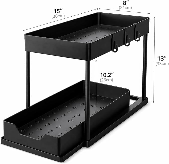 Success Goods 2 Pack Under Sink Organizer with Pull Out Drawer – Double Tier Sliding Storage Rack for Kitchen & Bathroom, Cabinet Organizer for Cleaning Supplies (Black)