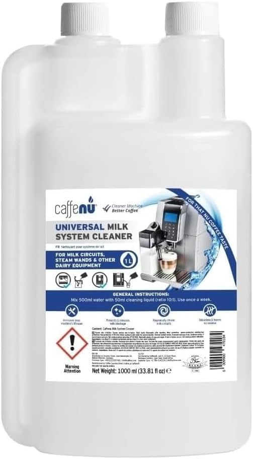 Caffenu Universal Milk System Cleaner – Professional Alkaline Liquid for Coffee Machines – Sanitizes & Removes Milk Blockage from Steam Wands & Automatic One-Touch Circuits – 1L (33.81 fl oz)