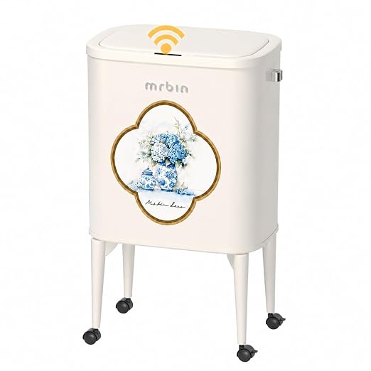 MRBIN Metal Motion Sensor Kitchen Trash Can with Wheel Legs, 36L / 9.5gal Medium Press Lid Slim Waste Basket, Narrow Garbage Pail for Vanity, Living Room, Bathroom, Bedroom, Blue and White Porcelain