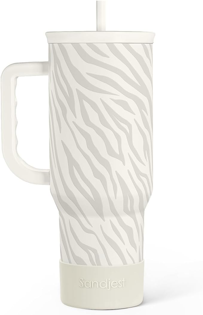 SANDJEST Zebra Skin 40oz Slider Tumbler with Handle and Straw - Insulated Stainless Steel Travel Coffee Mug for Women Girls, Gift for Birthday, Christmas