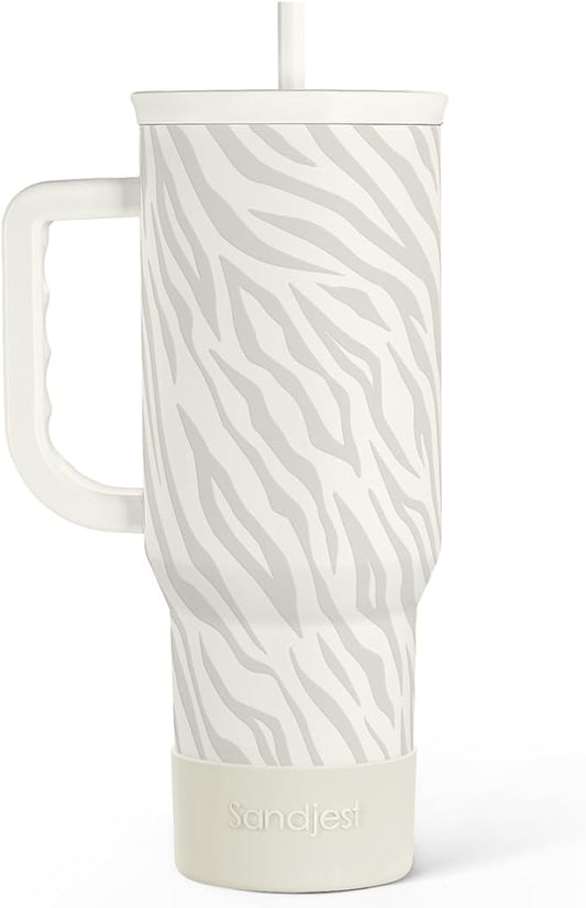 SANDJEST Zebra Skin 40oz Slider Tumbler with Handle and Straw - Insulated Stainless Steel Travel Coffee Mug for Women Girls, Gift for Birthday, Christmas