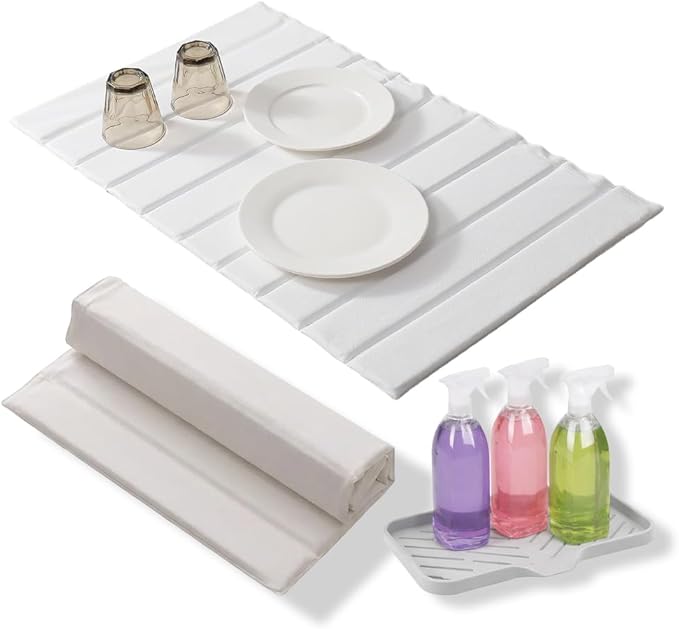 Extra Large 24"x18" Stone Dish Drying Mat with Sink Mat, Super Absorbent Diatomaceous Earth & Microfiber, Quick-Dry Foldable Kitchen Counter Drying Pad for Dishes, Bottles & Utensils – White