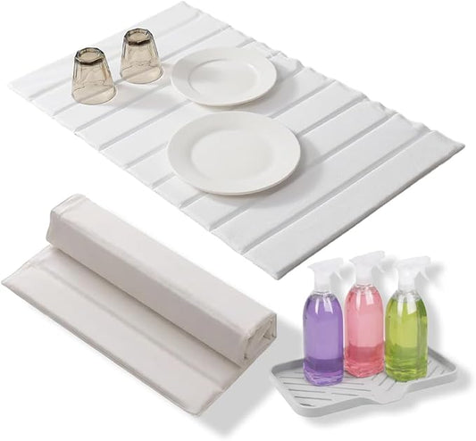 Extra Large 24"x18" Stone Dish Drying Mat with Sink Mat, Super Absorbent Diatomaceous Earth & Microfiber, Quick-Dry Foldable Kitchen Counter Drying Pad for Dishes, Bottles & Utensils – White