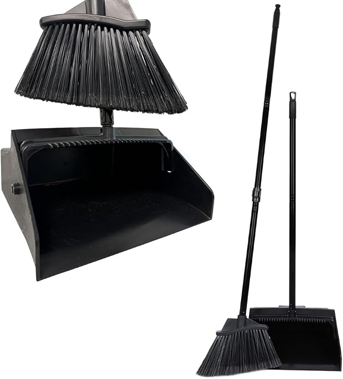 KLEEN HANDLER 48.5" Broom with Dustpan Combo Set with Long Handle for Home, Kitchen, Office, Lobby, Indoor/Outdoor Sweeping & Commercial Use, Black (1 Set)