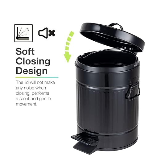 Bathroom Trash Can with Lid, Small Waste Basket for Home Bedroom, Retro Step Garbage Can with Soft Close, Vintage Office Trash Can, 5 Liter/ 1.3 Gallon, Glossy Black