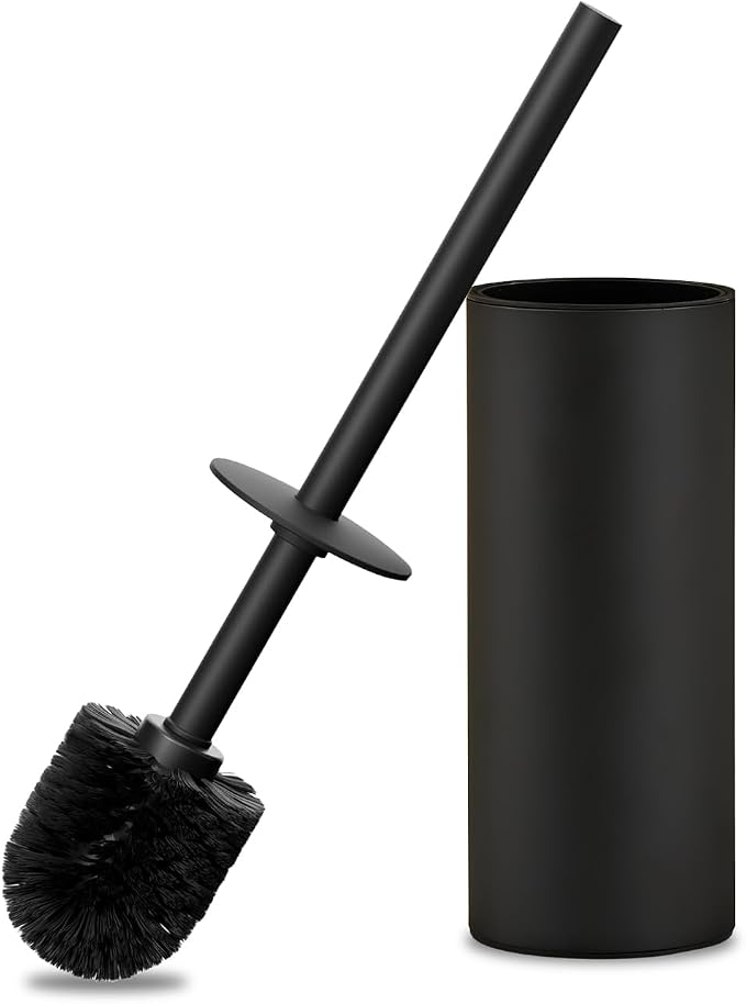 304 Stainless Steel Toilet Bowl Brush and Holder Set, Circular Floor Toilet Brush Holder, Long Handle, Bathroom Heavy-Duty Cleaner, High-End Cylinder Wall, 2 Brush Head (Black) YIGUANXIN
