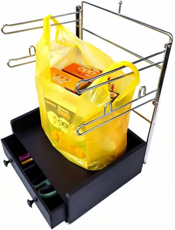 T-shirt Shopping Bag Holder Shopping Bag Dispenser, Grocery Store Plastic Bag Rack, Plastic Bag Organizer with Wooden Drawer Base for Grocery Store, Supermarket, Restaurant, Kitchen, Garage, Business