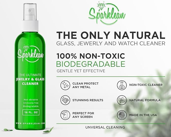 SPARKLEAN Jewelry Cleaner Kit · 32oz Spray + Silver Polishing Cloth · Cleans + Polishes + Removes Tarnish · Safe on Gold Silver Diamond Pearl · Ultrasonic Compatible · Made in USA Since 2000