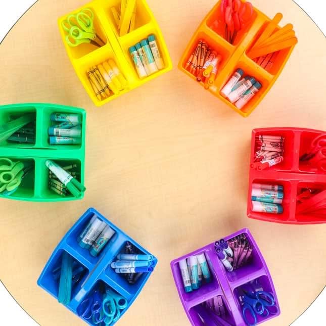 Really Good Stuff - 163999 Four-Equal-Compartment Caddies, Set of 6, Assorted Colors – Plastic Caddy Organizers with Built-in Handles and Stackable Design, Classroom Storage Made Easy