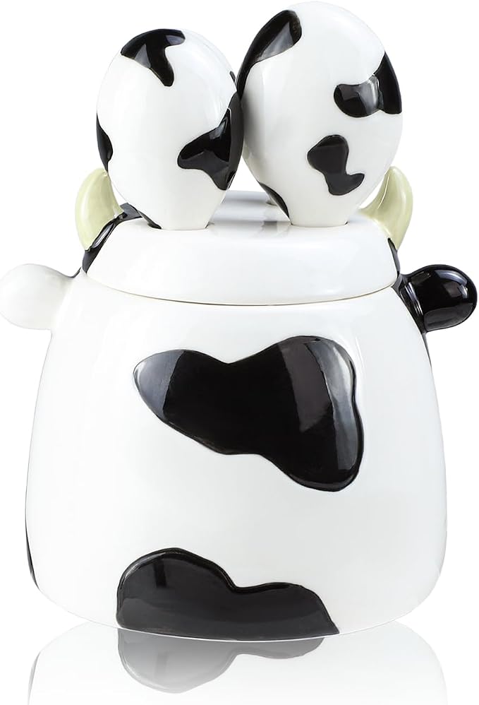 Sizikato 4pcs Porcelain Measuring Spoons with Base, Cow Shaped Ceramic Measuring Spoon Set