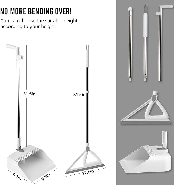 Household Broom with Dustpan, Squeegee Broom for Floor, Aluminum Handle for Floor, Glass, and Tile (White M1)