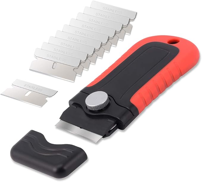Gomake Locking Razor Blade Scraper with Safety Cap, Glass Cooktop Scraper with 10PCS Stainless Steel Blades for Glass Clean, Paint and Old Label,Decal Sticker Remover, Stove Top Cleaning