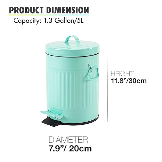 Bathroom Trash Can with Lid, Small Waste Basket for Home Bedroom, Retro Step Garbage Can with Soft Close, Vintage Office Trash Can, 5 Liter/ 1.3 Gallon, Glossy Mint Green
