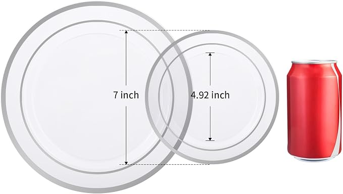 BESTSTAR 7 Inch Clear with Silver Rim Plastic Plates,100PCS Disposable Dessert/Appetizer/Small Cake Plates,Heavy Duty Plate Ideal for Wedding and Birthday Party