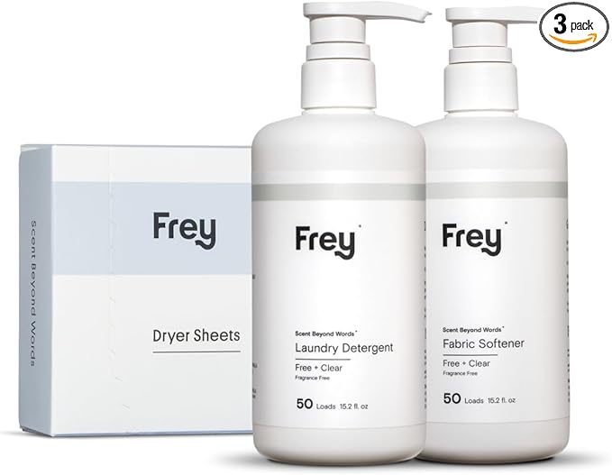 FREY The Complete Package - Concentrated Liquid Laundry Detergent, Fabric Softener, & Dryer Sheets (Fragrance-Free)