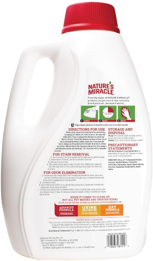 Nature’s Miracle Stain & Odor Remover, Tough on Dog Urine, Feces, Vomit, Drool and Other Organic Stains and Odors, 1 Gallon