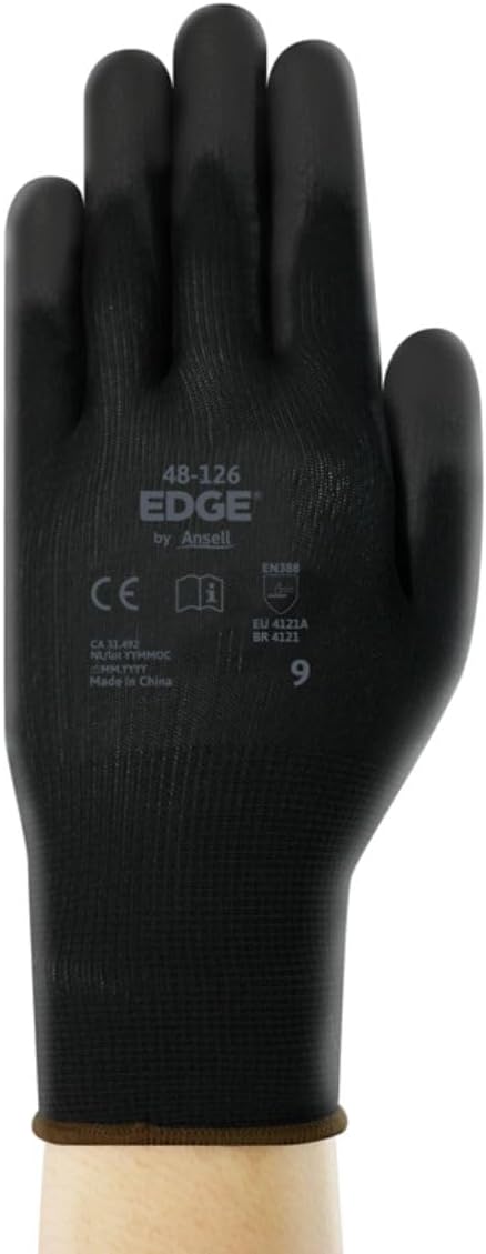 Ansell EDGE 48-126 Abrasion-Resistant Polyester Nitrile Industrial Gloves w/Knitted Liner for Auto, Machinery - Black